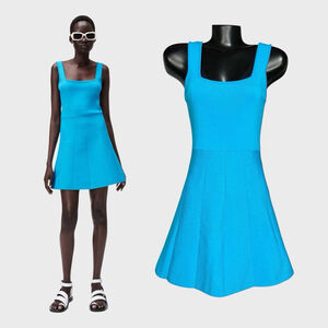 ZARA NWT Womens Medium Mini Dress Blue Stretch Knit Fit & Flare Bandage Tank NEW